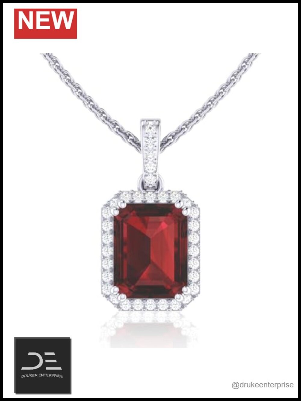 14k White Gold Garnet Emerald Cut Pendant Necklace with 18in French Rope Chain
